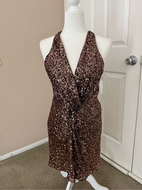 Astr brand Sequined Halter V-Neck Party Dress in Brown